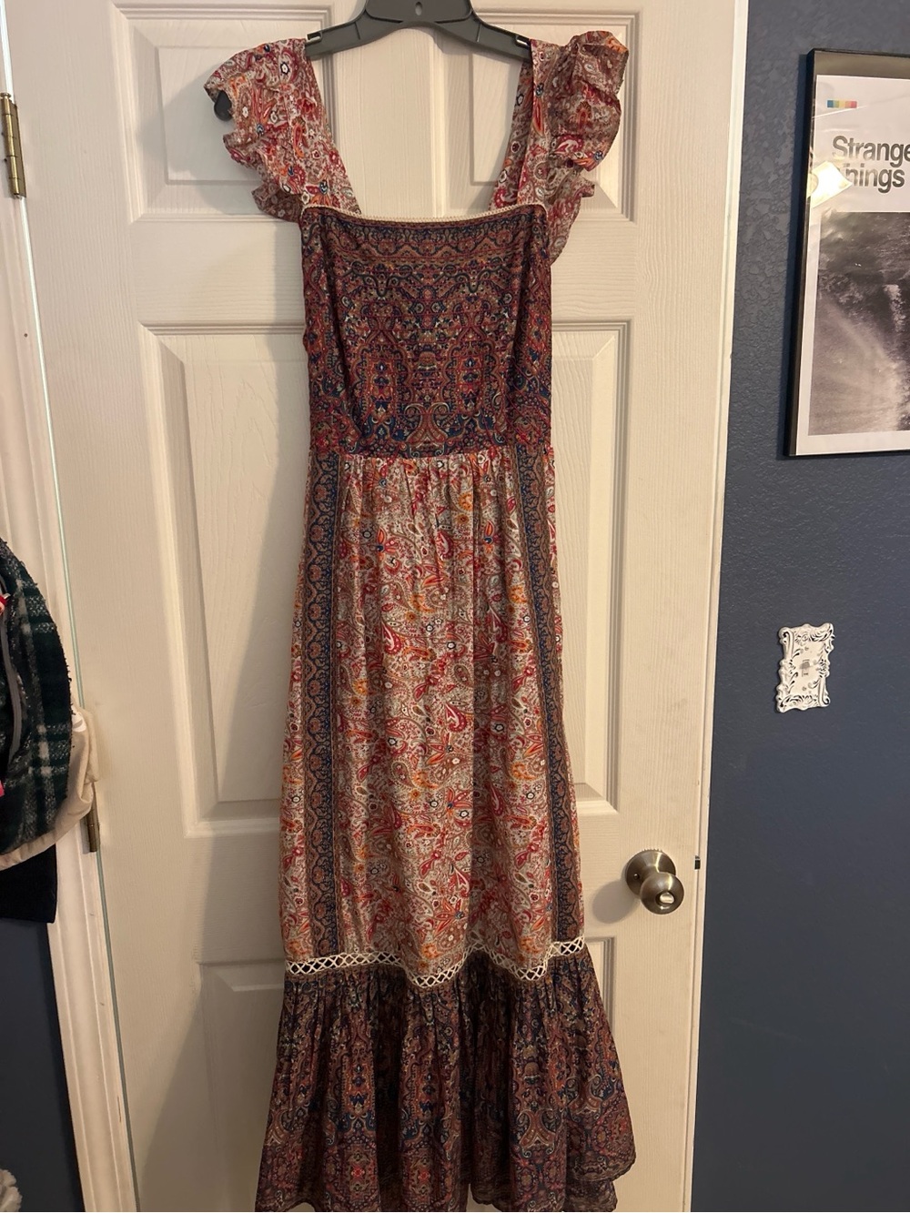 Boho Paisley Maxi Dress in Red and Cream - Sleeveless Ruffle Straps